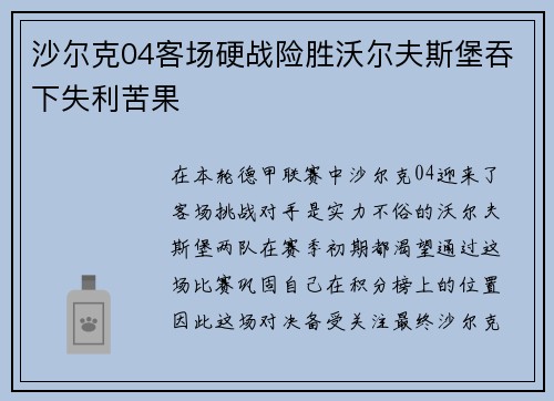 沙尔克04客场硬战险胜沃尔夫斯堡吞下失利苦果