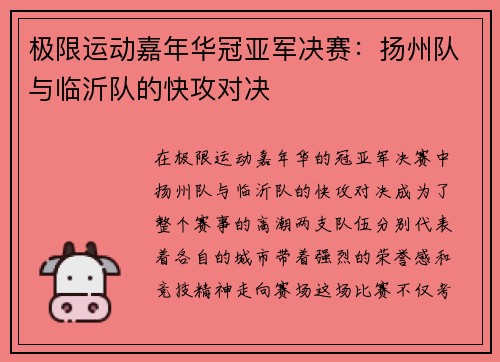 极限运动嘉年华冠亚军决赛：扬州队与临沂队的快攻对决