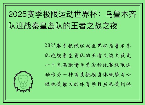2025赛季极限运动世界杯：乌鲁木齐队迎战秦皇岛队的王者之战之夜